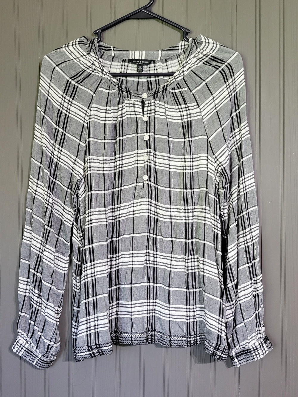 Lucky Brand Jessica Popover Blouse Shirt Button Front Plaid Gray Women's Small